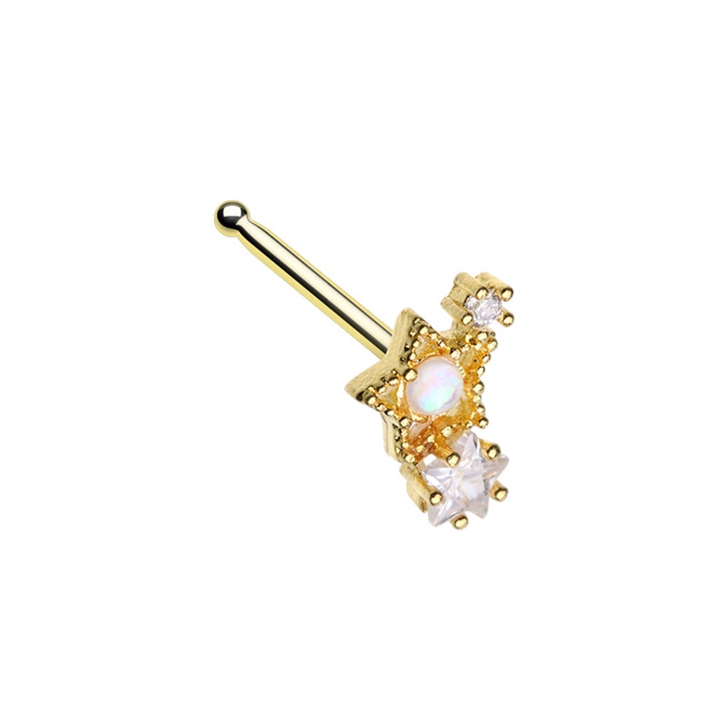 Gold Tone Synthetic Opal and CZ Crystal Star Cluster Nose Bone Stud – Stainless Steel