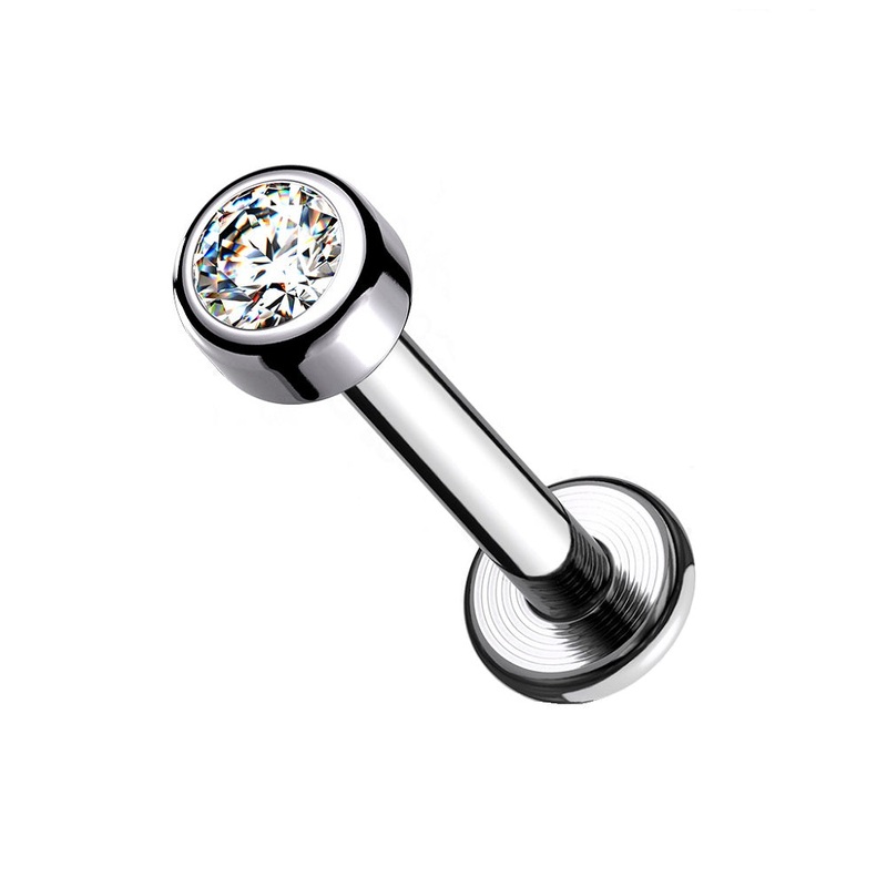 Internally Threaded Bezel Set CZ Crystal Labret Monroe Lip Cartilage Helix Tragus Stud – G23 Implant Grade Titanium Aurora Borealis