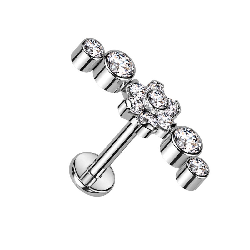 Internally Threaded CZ Crystal Flower Crawler Flat Back Stud – F136 Implant Grade Titanium Aurora Borealis/Clear