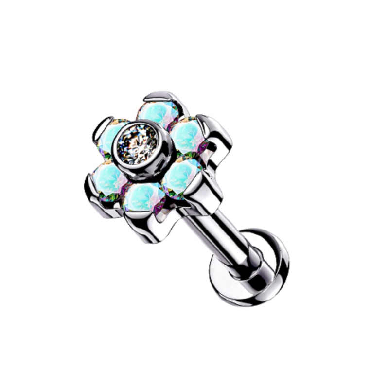 Internally Threaded CZ Crystal Flower Lip Cartilage Tragus Stud – G23 Implant Grade Titanium Aurora Borealis