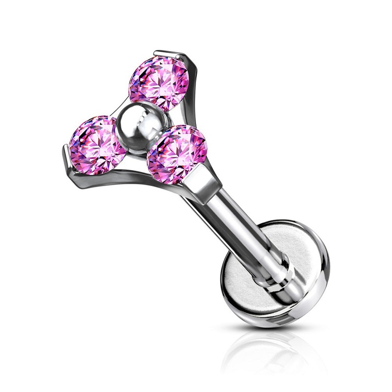 Internally Threaded CZ Crystal Triangular Top Labret Monroe Lip Cartilage Helix Tragus Conch Ear Lobe Barbell Stud – Stainless Steel Pink