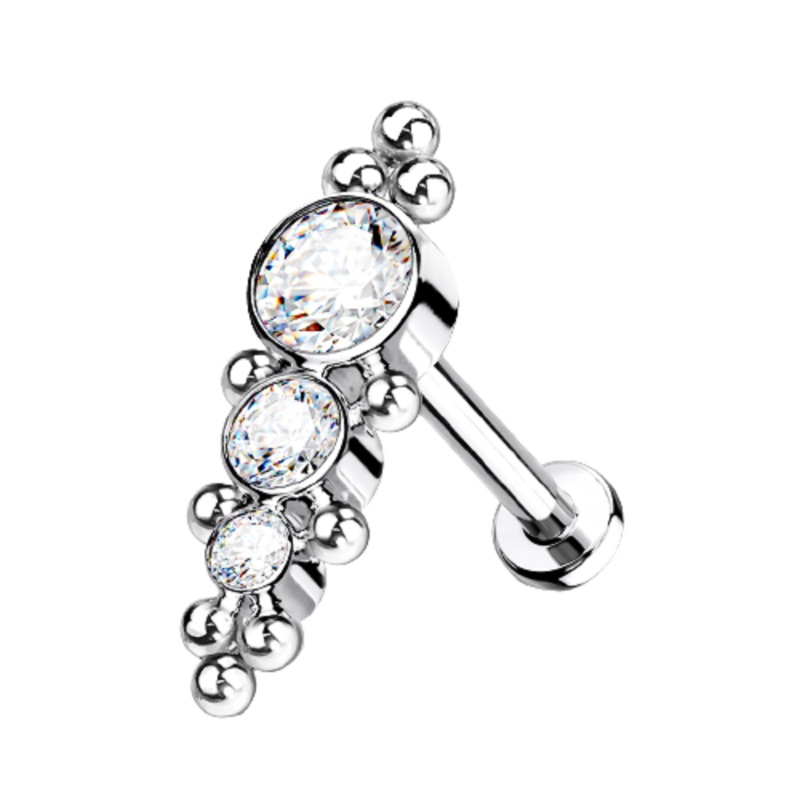 Internally Threaded Descending Triple Round CZ Crystal and Ball Clusters Flat Back Labret Stud – G23 Implant Grade Titanium 6mm (1/4″)