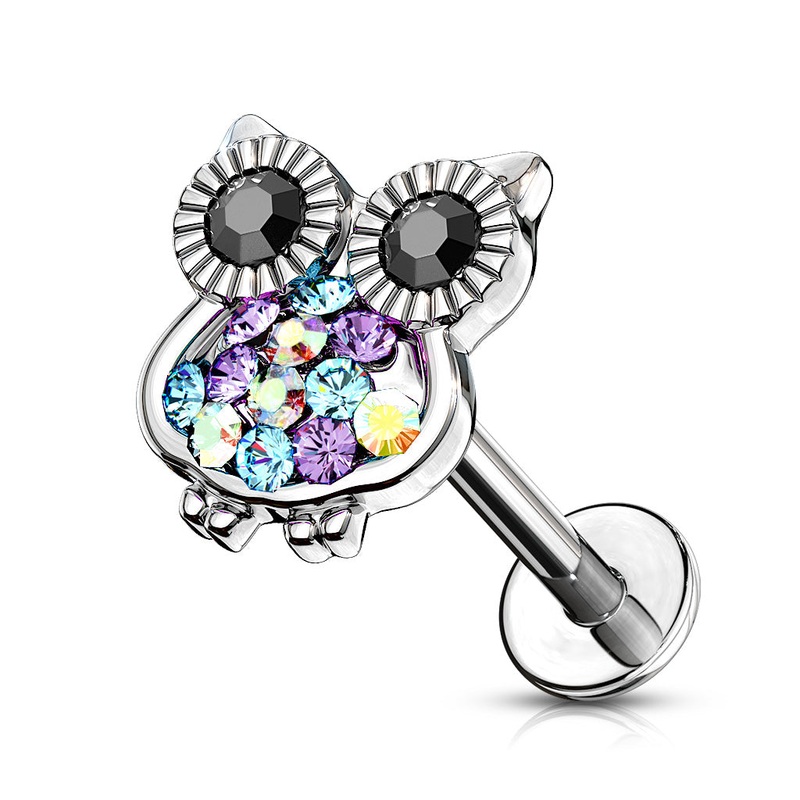 Internally Threaded Multi Colored CZ Crystal Owl Stud – Stainless Steel 6mm