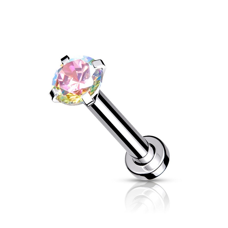 Internally Threaded Prong Set CZ Crystal Micro Base Flat Back Labret Stud – Stainless Steel Aurora Borealis