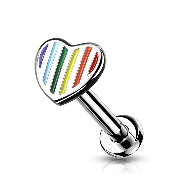 Internally Threaded Rainbow Striped Heart Top Flat Back Lip Cartilage Tragus Stud – 316L Stainless Steel 6mm (1/4″)