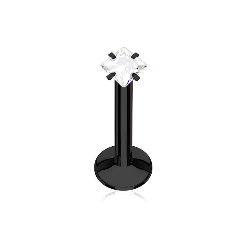 Internally Threaded Square Prong Set CZ Crystal Lip Cartilage Tragus Stud – 316L Surgical Steel Black