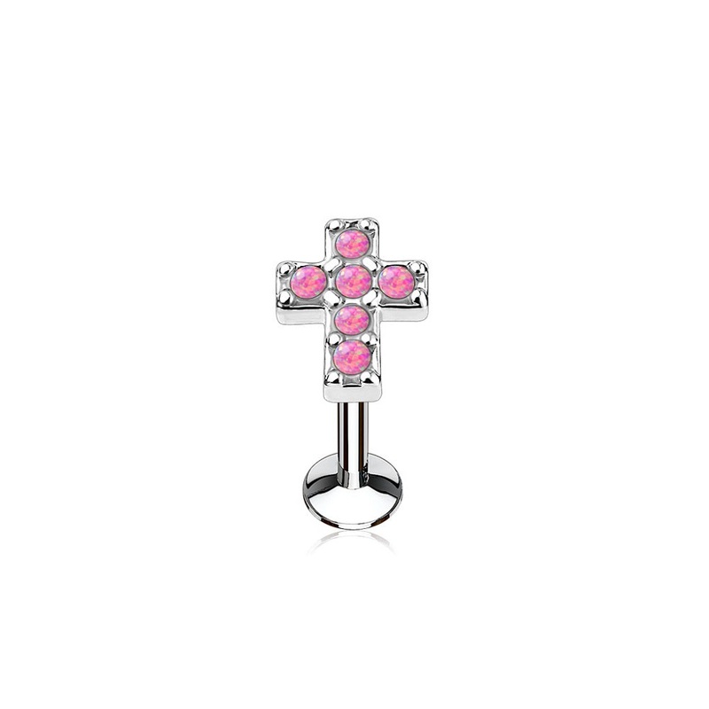 Internally Threaded Synthetic Opal Cross Top Lip Cartilage Tragus Stud – 316L Stainless Steel Pink