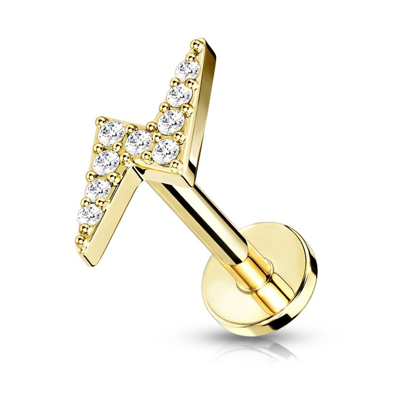 Internally Threaded Triple Marquise CZ Crystal Top Flat Back Lip Cartilage Tragus Stud – 316L Stainless Steel Gold 6mm (1/4″)