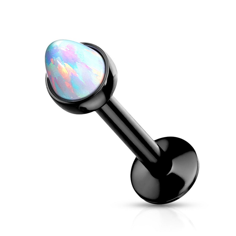 Internally Threaded White Spike Synthetic Opal Top Lip Cartilage Tragus Stud – Stainless Steel Black