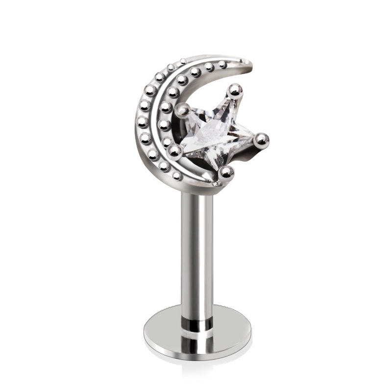 Moon and CZ Crystal Star Labret Stud – 316L Stainless Steel