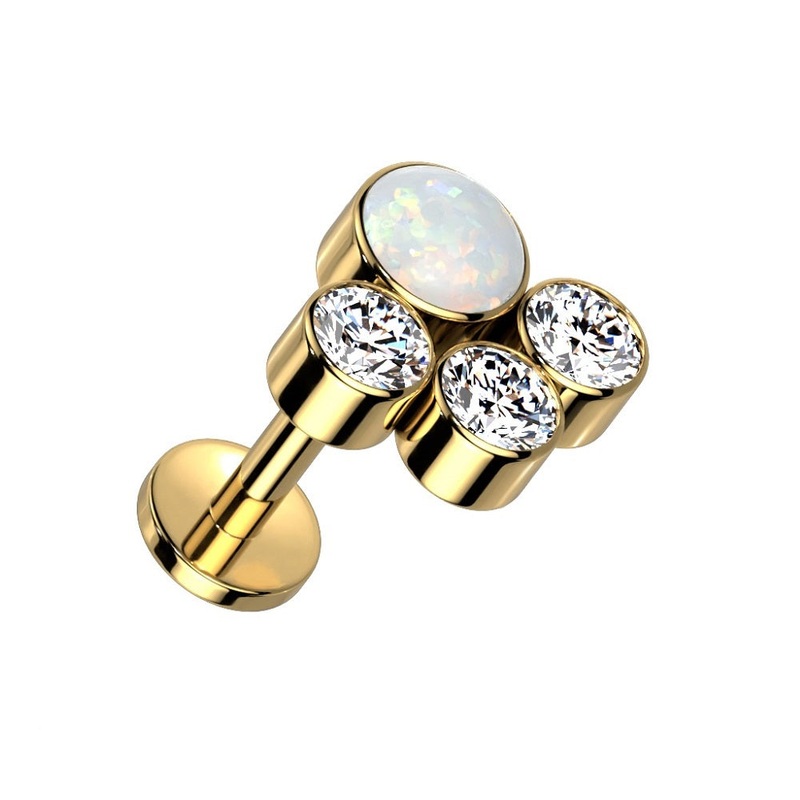 Opal Center with 3 CZ Crystals Internally Threaded Stud – G23 Implant Grade Titanium Gold