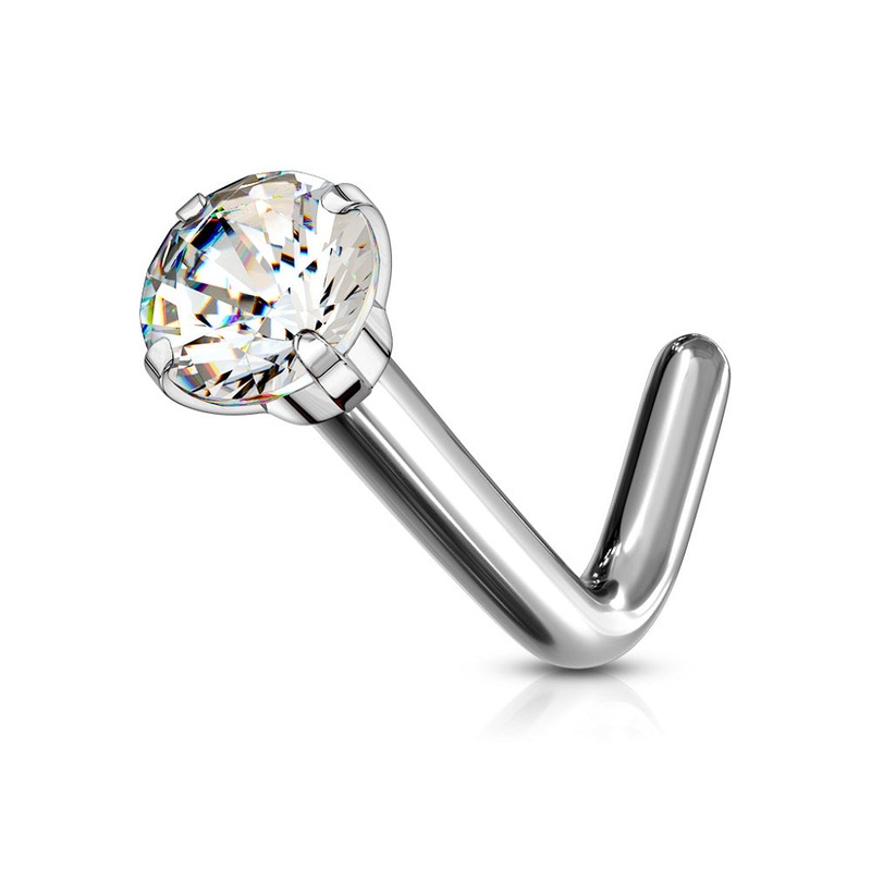 Prong Set CZ Crystal L-Bend Nose Stud – G23 Implant Grade Titanium 1mm (18GA)