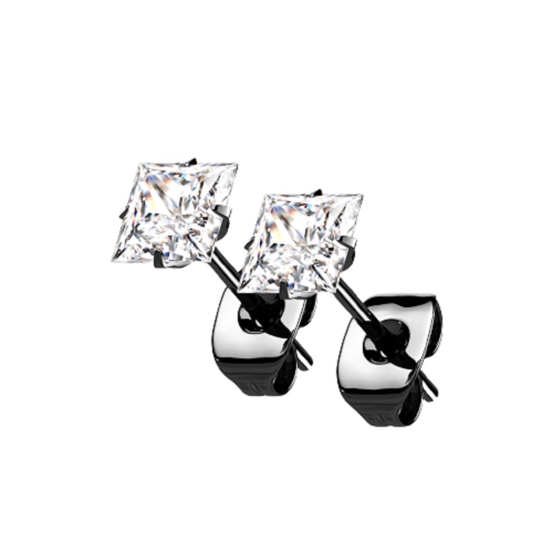 Prong Set Square CZ Crystal Stud Earrings – G23 Implant Grade Titanium – Pair Black 4mm