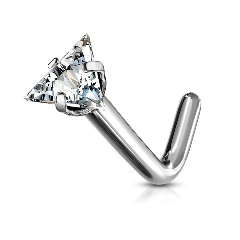 Prong Set Triangle Shaped CZ Crystal L-Bend Nose Stud – G23 Implant Grade Titanium 1mm (18GA)