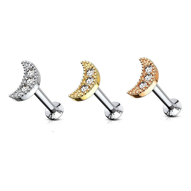 Set of 3 CZ Crystal Crescent Moon Top Internally Threaded Studs – 316L Stainless Steel