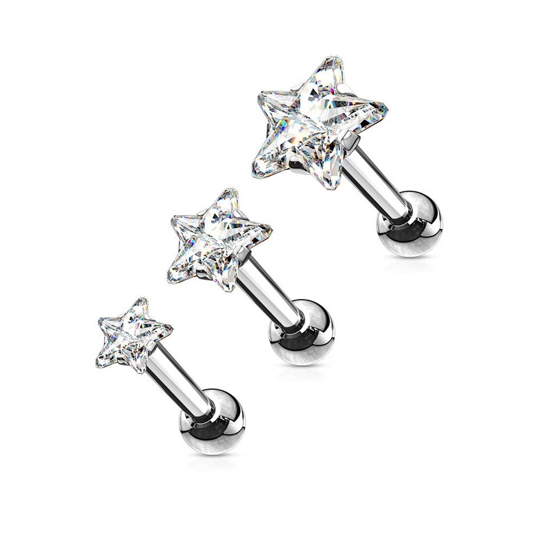 Set of 3 CZ Crystal Star Top Cartilage Tragus Barbells – Stainless Steel