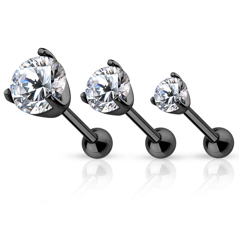 Set of 3 Prong Set CZ Crystal Cartilage Helix Ear Lobe Barbell Studs – Stainless Steel Black