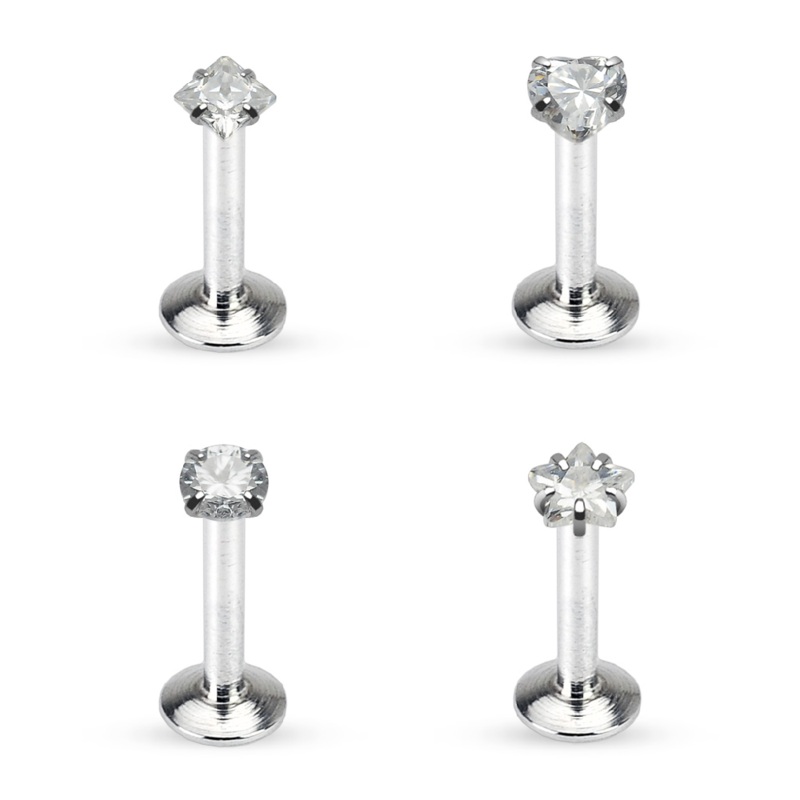 Set of 4 Prong Set CZ Crystal Top Internally Threaded Flat Back Labret Studs – Stainless Steel