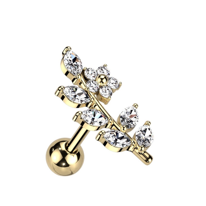 CZ Crystal Flower and Vine Top Barbell – 316L Stainless Steel Gold