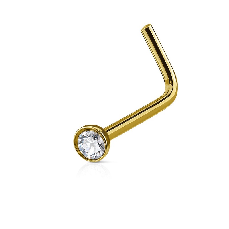 CZ Crystal Top L Bend Nose Stud Ring – Stainless Steel Gold 0.8mm (20GA)