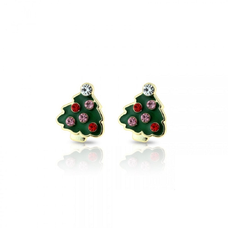 Golden Gemstone Embedded Enamel Christmas Tree Stud Earrings – 316L Stainless Steel – Pair