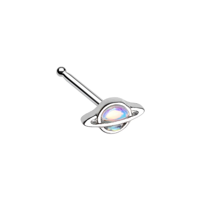 Illuminating Moonstone Saturn Planet Dainty Nose Bone Stud – Stainless Steel