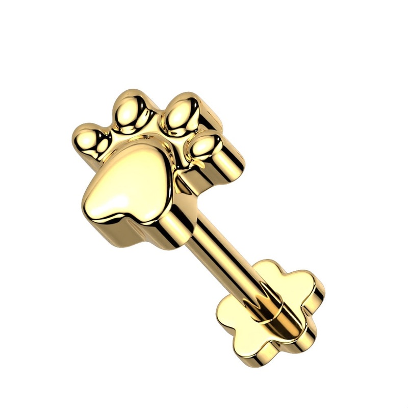 Paw Print Top Threadless Push-in Flower Flat Back Stud – G23 Implant Grade Titanium Gold