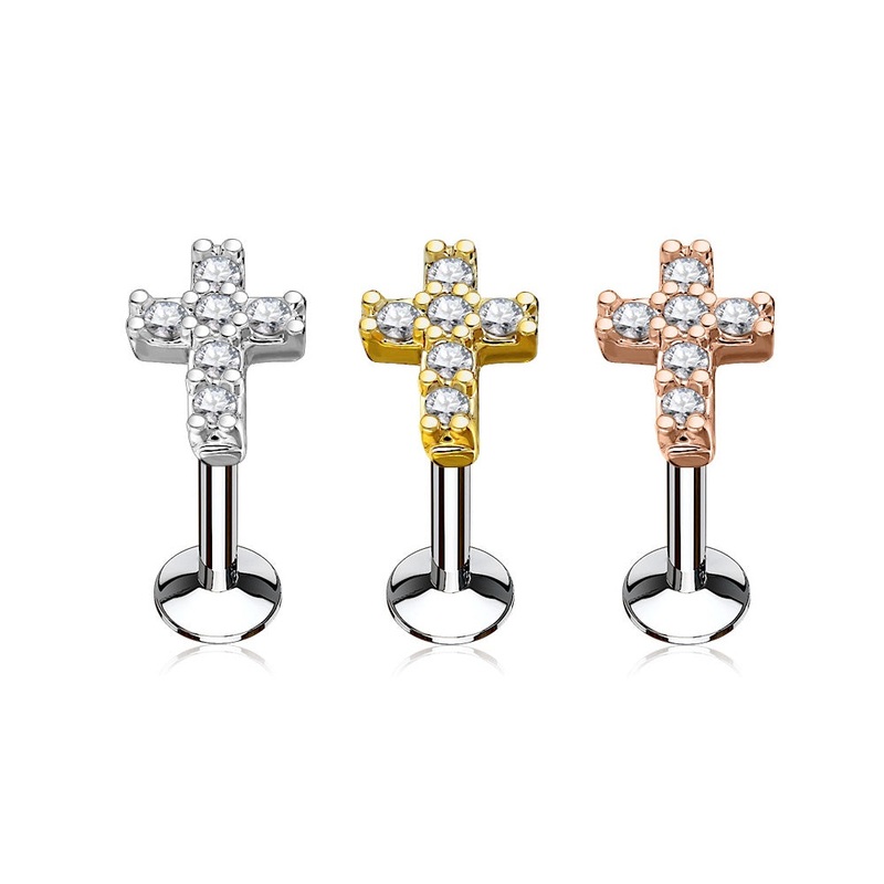 Set of 3 CZ Crystal Paved Cross Top Internally Threaded Lip Cartilage Studs – 316L Stainless Steel