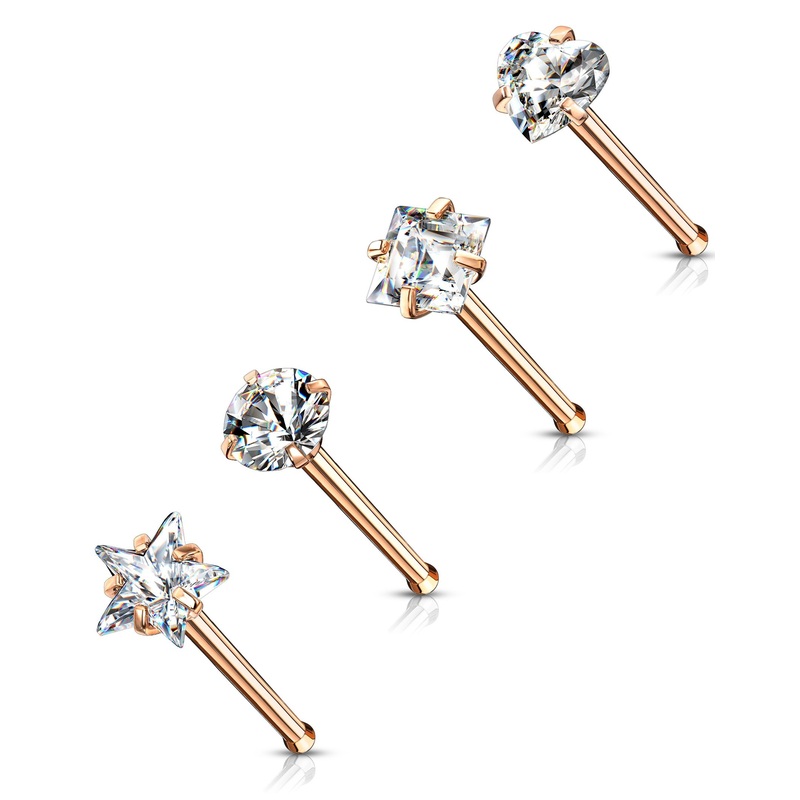 Set of 4 Tiny Star, Circle, Square, and Heart Nose Bone Studs – 316L Stainless Steel Rose Gold