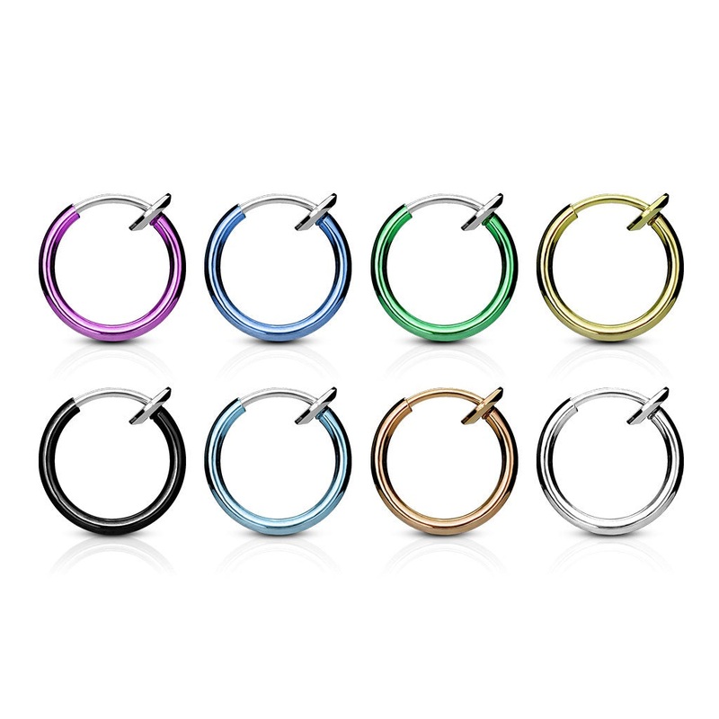 Set of 8 Spring Action Non Piercing Septum, Ear, or Nose Hoop Rings – Titanium IP 316L Stainless Steel