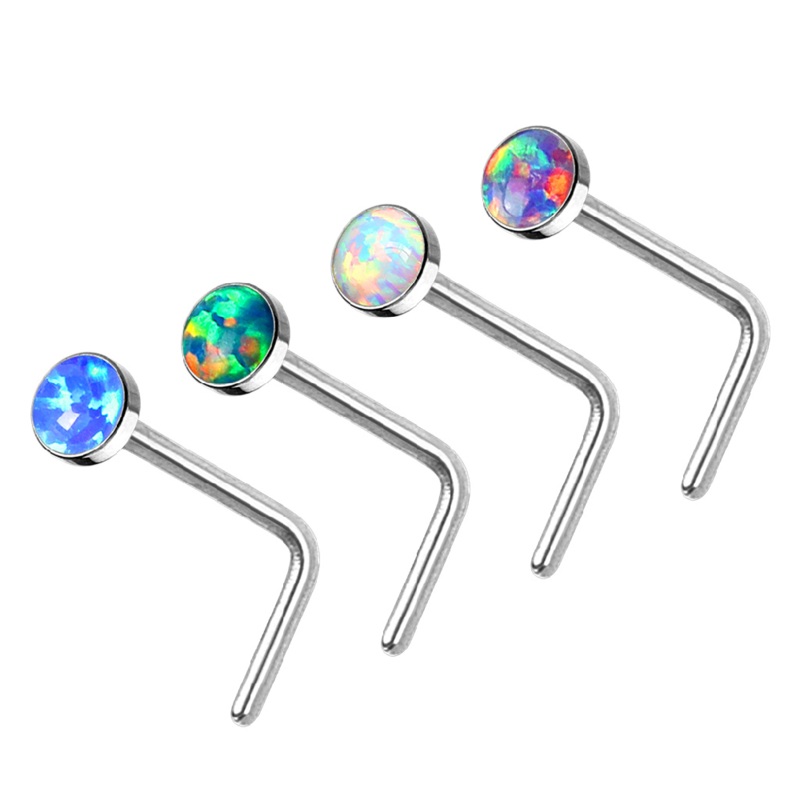 Set of Four (4) 20G Synthetic Opal L Bend Nose Stud Rings – Stainless Steel