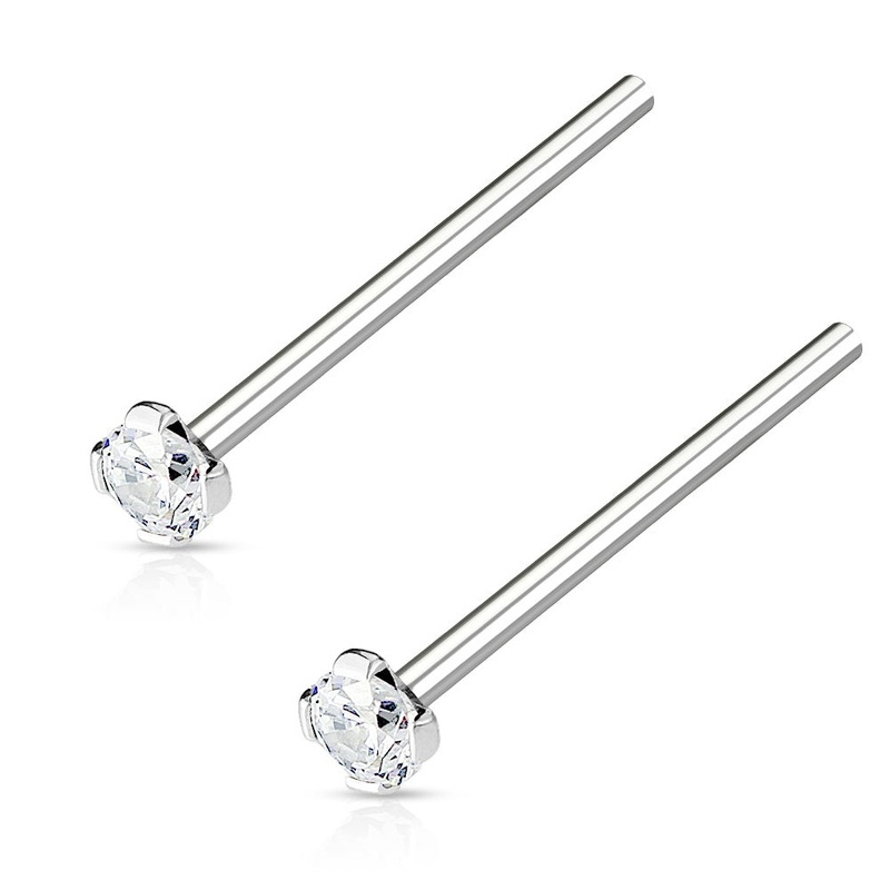 Set of Two 2mm Prong Set CZ Crystal Top Fish Tail Nose Ring 12mm (1/2″)