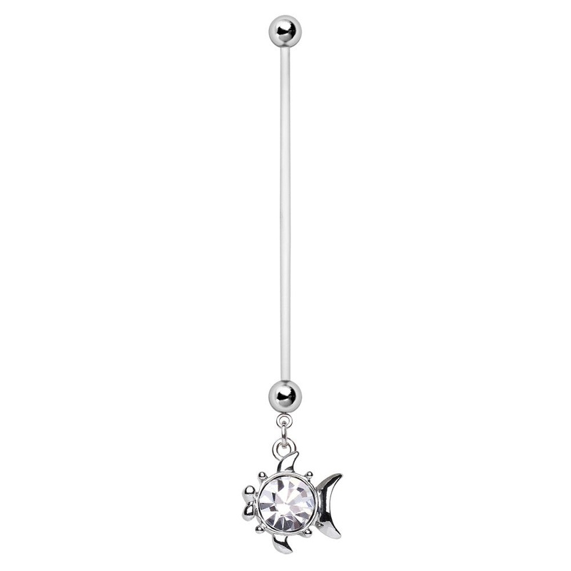 Small Fish with CZ Belly Dangling BioFlex Maternity Pregnancy Flexible Belly Button Ring – Stainless Steel Clear