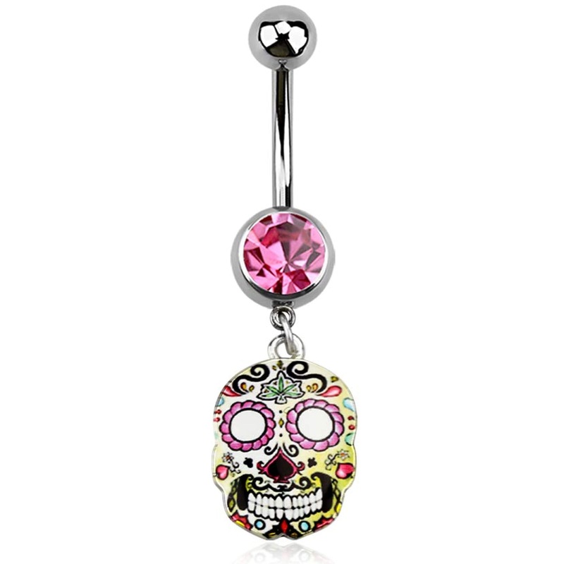 Sugar Skull Dangling Charm Belly Button Ring – 316L Stainless Steel