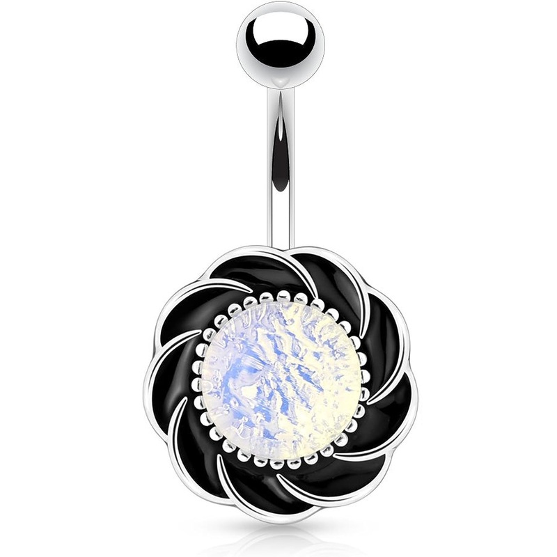 Swirling Flower with Semi Precious Stone Center Belly Button Ring – 316L Stainless Steel Opalite
