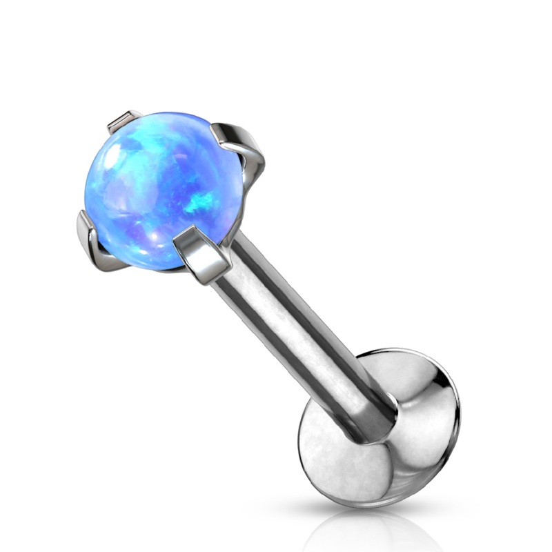 Synthetic Opal Threadless Push In Flat Back Labret Stud – Stainless Steel 1.2mm (16GA) Blue