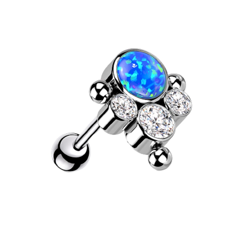 Synthetic Opal with CZ Crystal Ball Cluster Threadless Push-in Barbell – G23 Implant Grade Titanium Blue