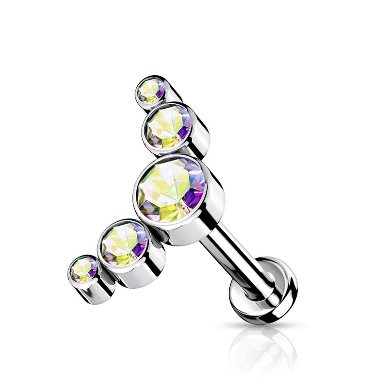 Threadless Push-in 5 CZ Crystal Curve Top Labret Stud – G23 Implant Grade Titanium Aurora Borealis