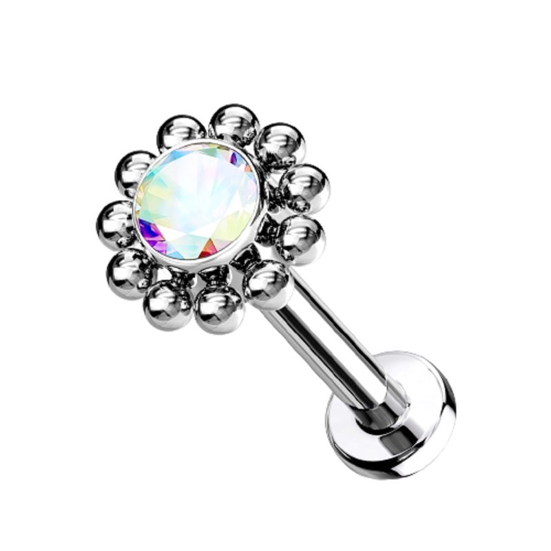 Threadless Push-In CZ Crystal Center Flower with Beaded Edge Flat Back Stud – G23 Implant Grade Titanium Aurora Borealis 1.2mm (16GA)