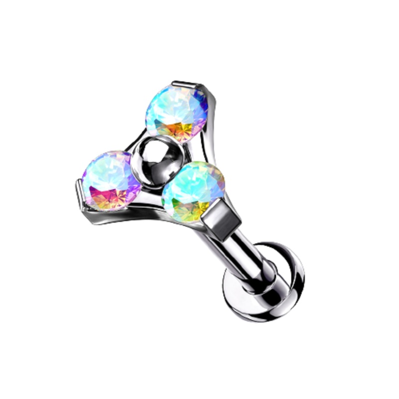 Threadless Push-in CZ Crystal Triangle Top Barbell Stud – G23 Implant Grade Titanium Aurora Borealis 1.2mm (16GA) 8mm (5/16″)
