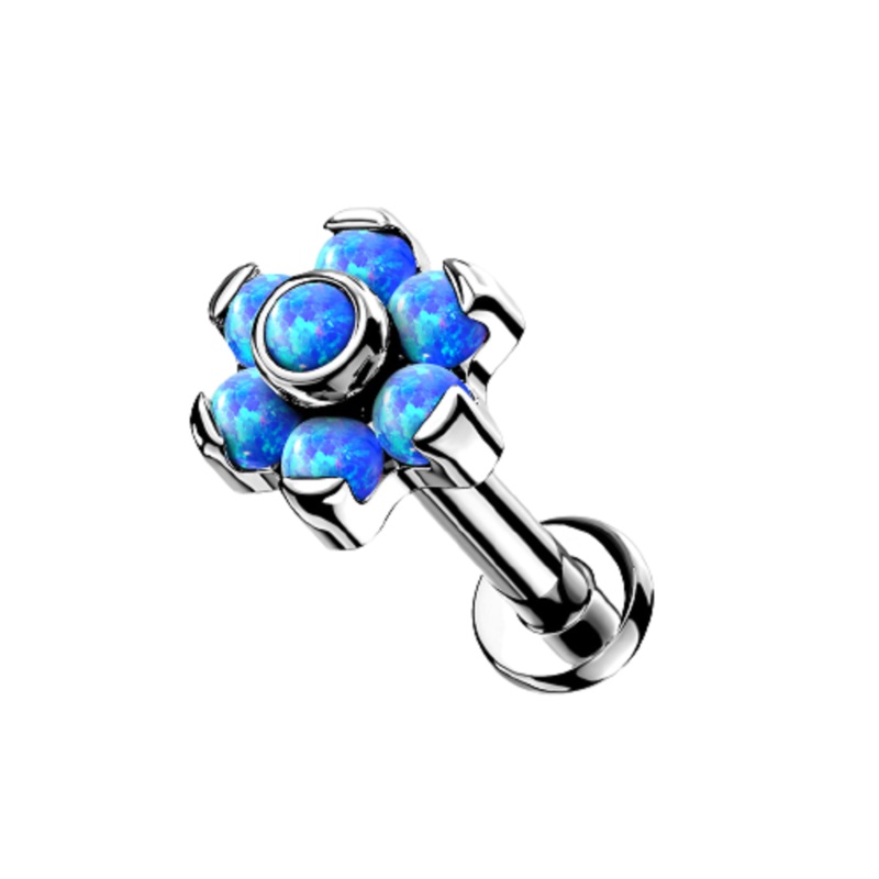 Threadless Push-in Synthetic Opal Flower Top Labret Stud – G23 Implant Grade Titanium Blue