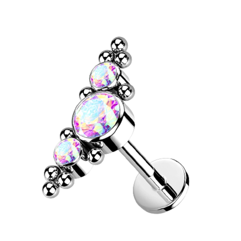 Threadless Push-in Triple Crystal and Ball Clusters Labret Stud – G23 Implant Grade Titanium Aurora Borealis