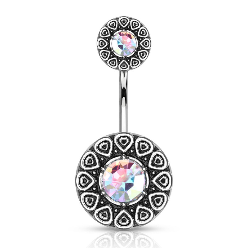 Tribal Pattern with CZ Center and Top Belly Button Ring – 316L Stainless Steel Aurora Borealis