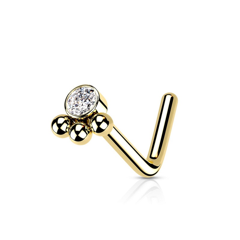 Triple Beaded Cluster CZ Crystal Centered L-Bend Nose Stud – Stainless Steel Gold