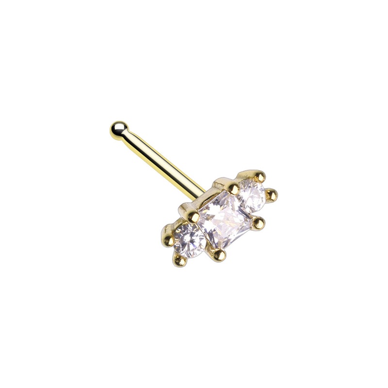 Triple Prong Set CZ Crystal Nose Bone Stud – Stainless Steel Gold