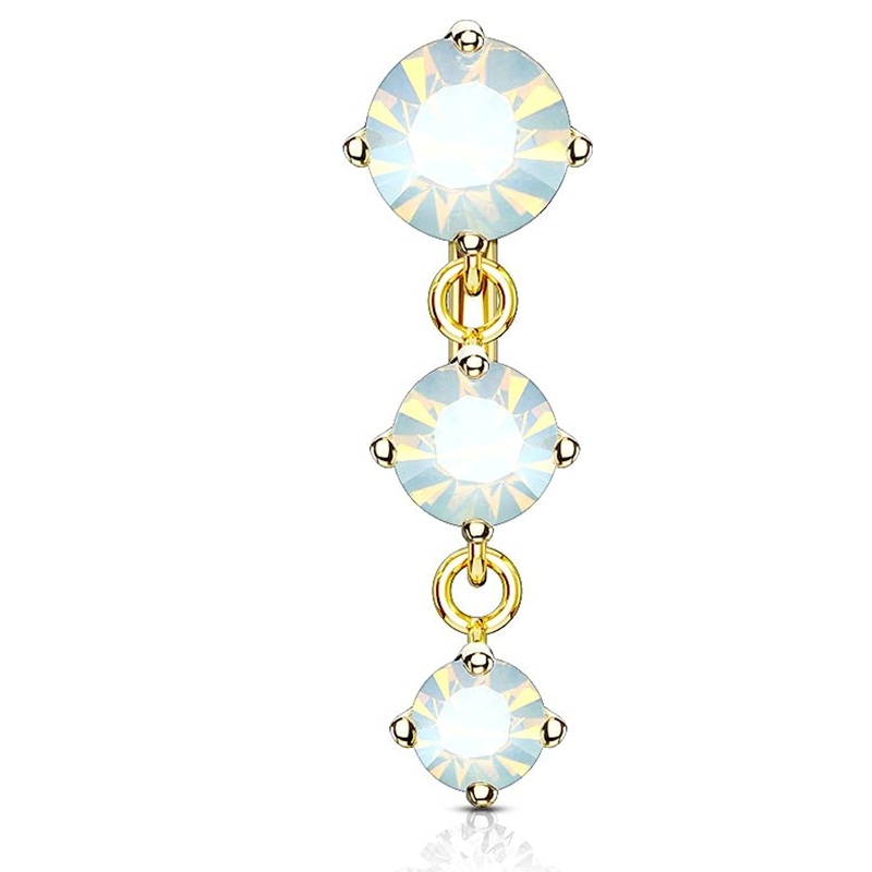 Vertical Drop Three Prong Set Round Opalite Crystals Top Drop Belly Button Ring – 316L Stainless Steel Gold