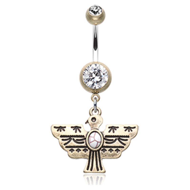 Vintage Boho Aztec Thunderbird Mural Dangle Belly Button Ring – Stainless Steel Gold