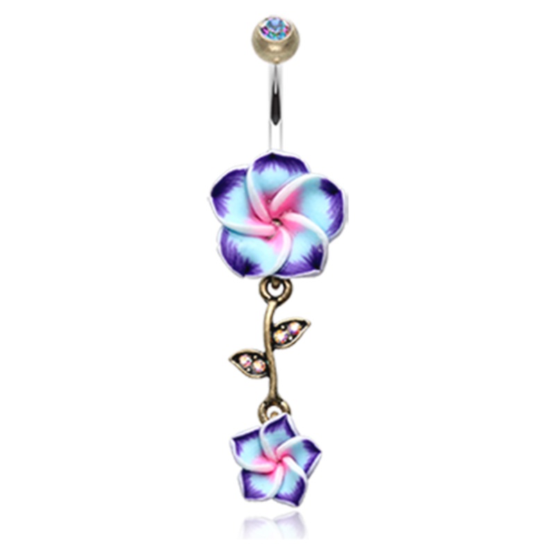 Vintage Boho Hawaiian Plumeria Flower Dangle Belly Button Ring – Stainless Steel Purple