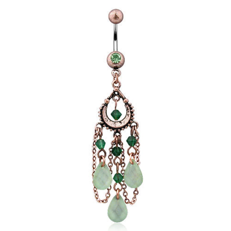 Vintage Chandelier with Jade Colored Tear Drop Beads Chain Dangling Belly Button Ring – 316L Surgical Steel