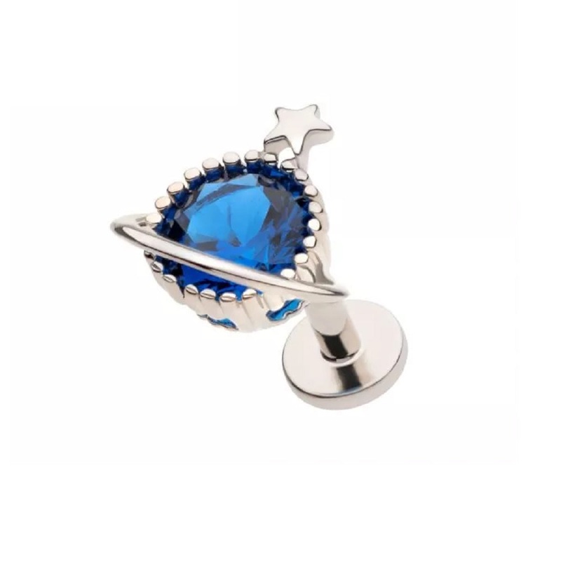 Blue CZ Crystal Planet and Star Threadless Flat Back Stud – 316L Stainless Steel